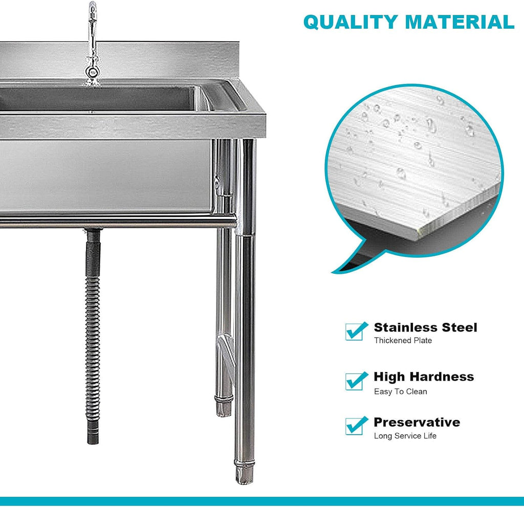 Free Standing Single Bowl Sink Stainless Steel Compartment Commercial Kitchen Sink Utility Sink for Restaurant, Kitchen, Laundry, Garage