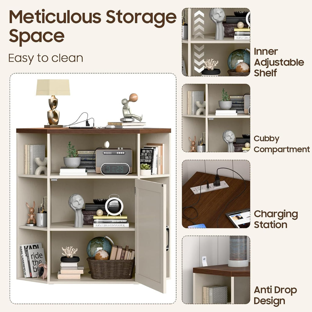 Halitaa Corner Storage Cabinet, 6-Cubby Wooden Cabinet with USB Ports and Outlets, Farmhouse Corner Bookshelf with Storage Industrial Organizer for Study, Playroom, Living Room, White and Brown