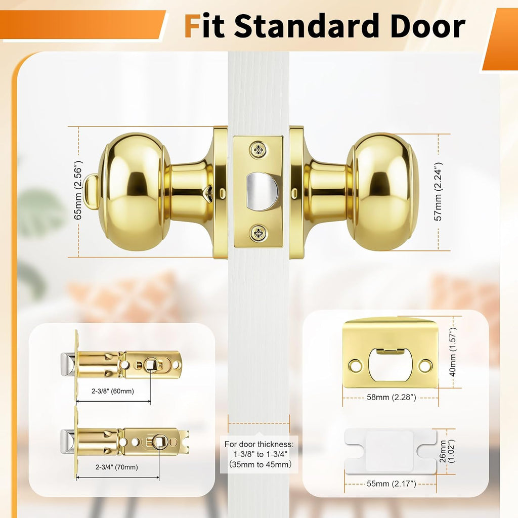 Probrico Polished Brass Door Knobs, Interior Door Knobs with Round Ball Knob, Nickel Privacy Door Knob for Bedroom Bathroom, 12 Pack