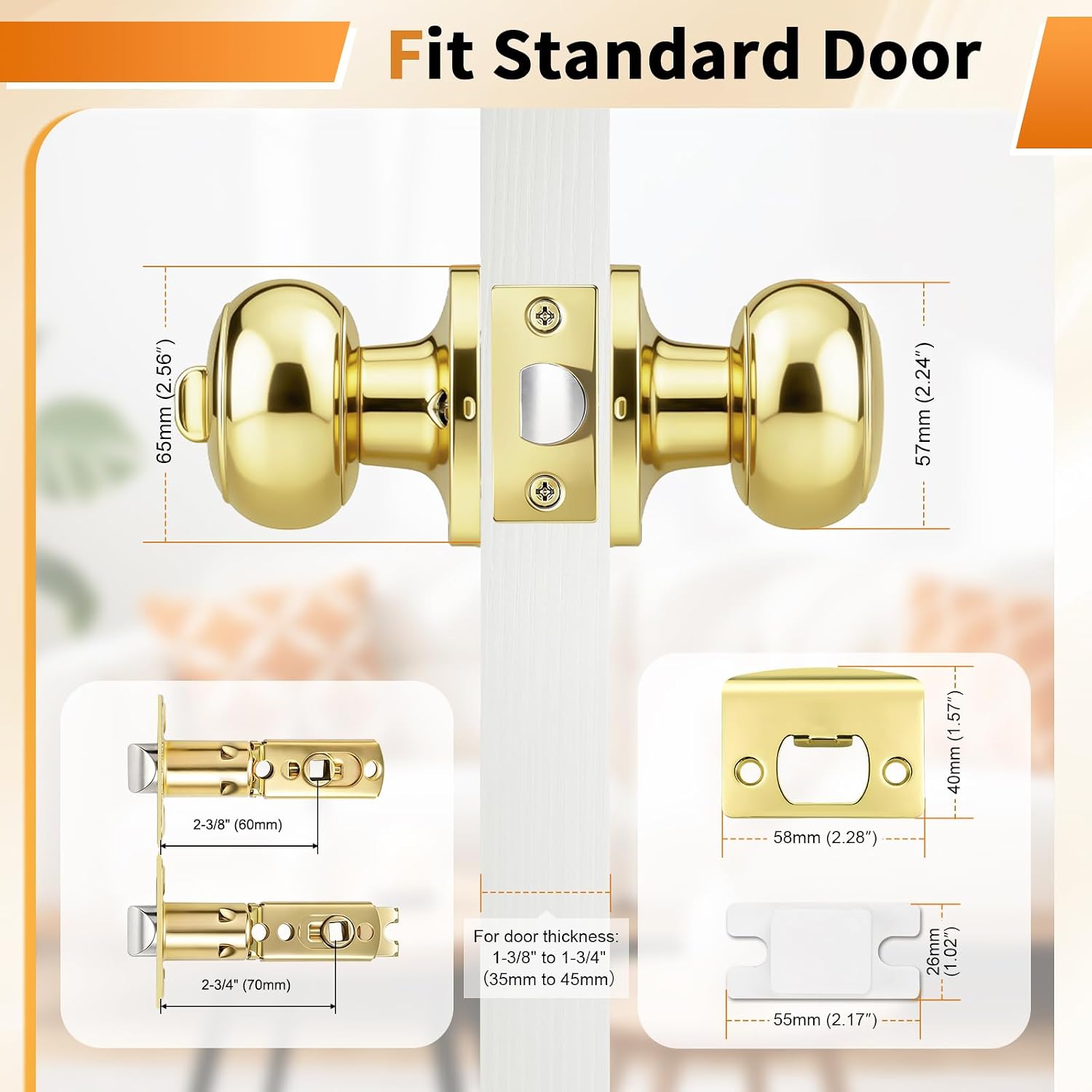 Probrico Polished Brass Door Knobs, Interior Door Knobs with Round Ball Knob, Nickel Privacy Door Knob for Bedroom Bathroom, 12 Pack