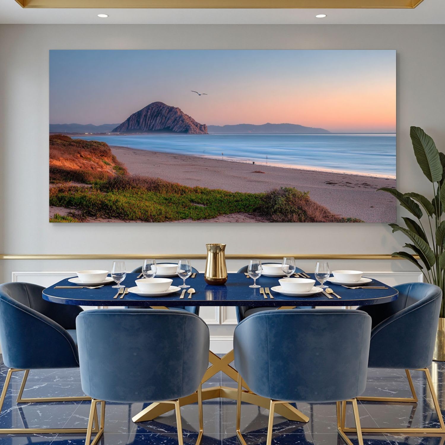 Large Canvas Wall Art 30x60in Beautiful panoramic view Morro bay Morro Rock sunset Painting for Living Room Bedroom Dining Room Wall Decor Home Decorations Aesthetic Artwork Ready To Hang