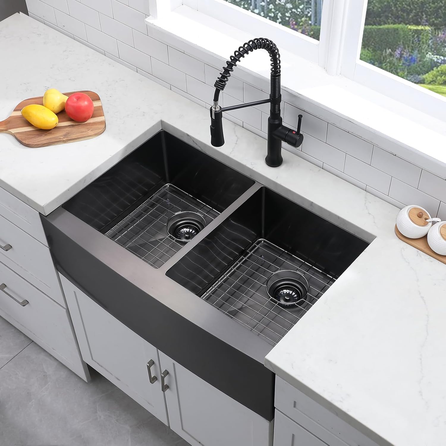 SHACO 33 Inch Double Bowl Divided 50/50 Black Farmhouse Sink, 33x21 Gunmetal Black Stainless Steel Undermount Apron Front Farm Kitchen Sink