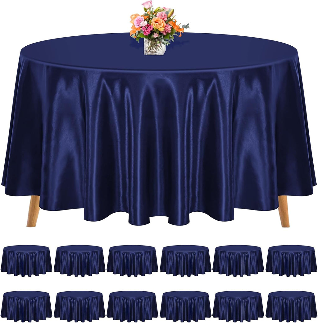 12 Pack 120 Inch Round Tablecloth, Navy Blue Satin Fabric Table Cloth for Round Tables, Wrinkle Resistant Washable TableCover Bright Silk Table Clothes for Wedding Party Dining Tables Banquet