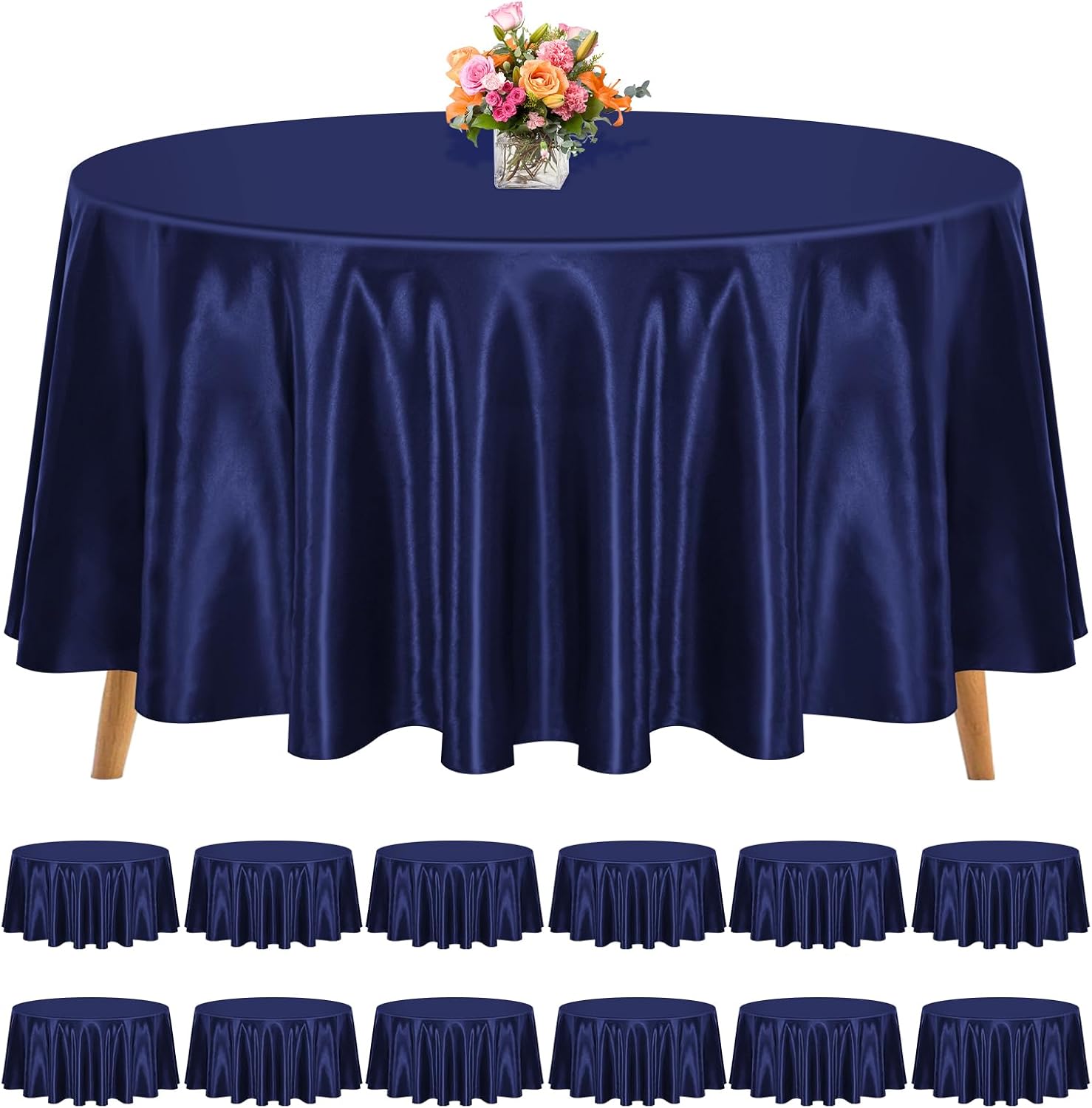 12 Pack 120 Inch Round Tablecloth, Navy Blue Satin Fabric Table Cloth for Round Tables, Wrinkle Resistant Washable TableCover Bright Silk Table Clothes for Wedding Party Dining Tables Banquet