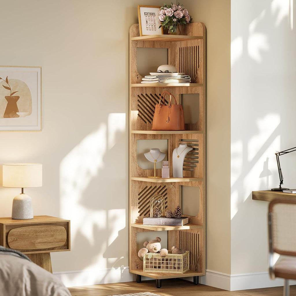 Tribesigns 6 Tiers Corner Shelf, Tall Skinny Corner Bookshelf Bookcase with Hollow Design, Farmhouse Narrow Display Shelf for Living Room, Bedroom, Small Space, Natural