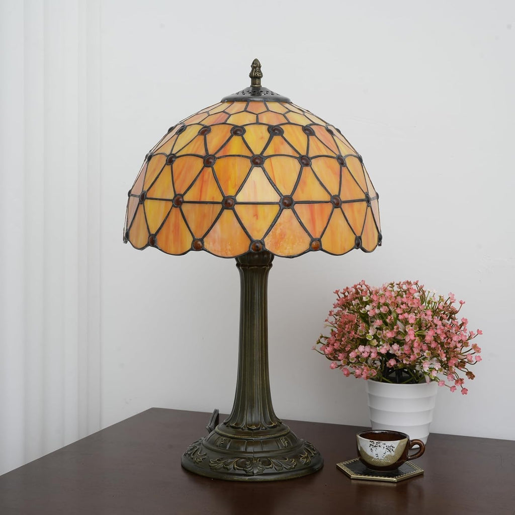 Tiffany Lamp Vintage Bead Orange Table Lamps Bedside for Bedroom Dector Stained Glass Lamps Living Room end Office Kitchen Hotel Bar Farmhouse 12 Inch Aesthetic Nightstand 70s 80s Reading Desk Light