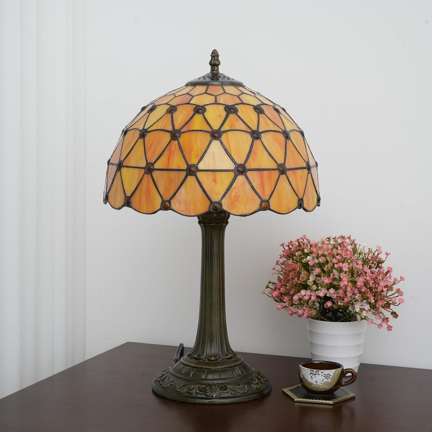 Tiffany Lamp Vintage Bead Orange Table Lamps Bedside for Bedroom Dector Stained Glass Lamps Living Room end Office Kitchen Hotel Bar Farmhouse 12 Inch Aesthetic Nightstand 70s 80s Reading Desk Light