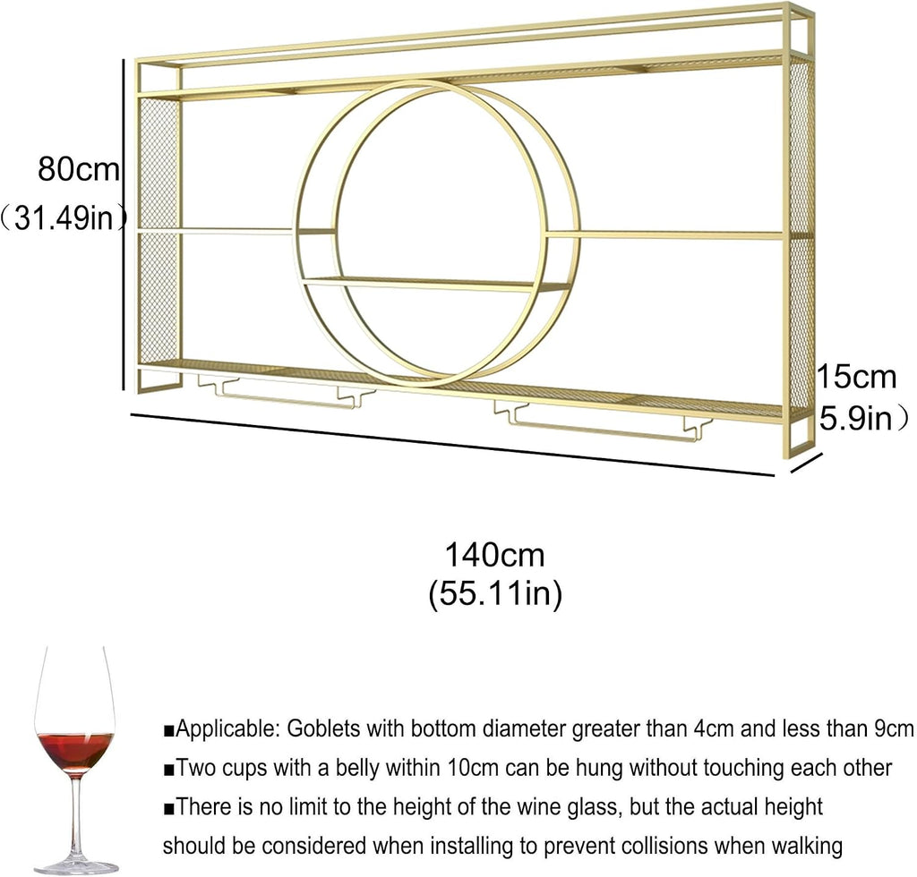 Wall Wine Rack with LED Light Bar Shelves Liquor Bottle Display Shelf Wall Mounted with Hanging Wine Glass Holder Rack Floating Bar Cabinet for Home Bar Dining Room Cafe Kitchen