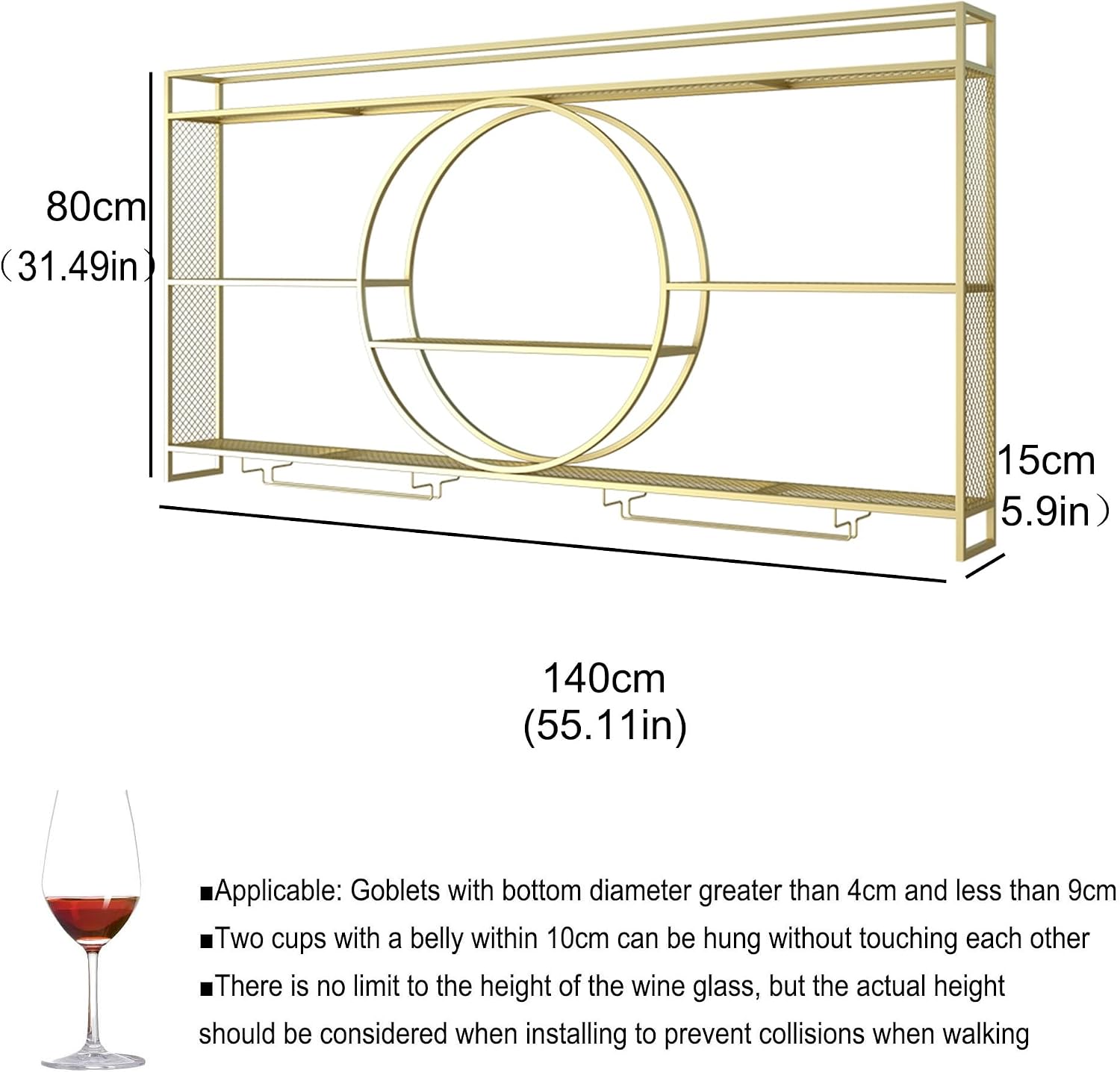 Wall Wine Rack with LED Light Bar Shelves Liquor Bottle Display Shelf Wall Mounted with Hanging Wine Glass Holder Rack Floating Bar Cabinet for Home Bar Dining Room Cafe Kitchen