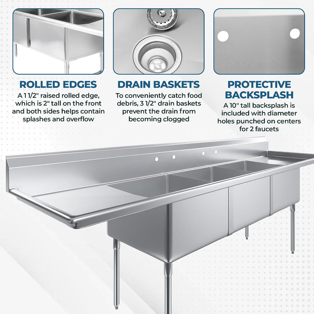 3 Compartment Stainless Steel Commercial Sink with Dual Drainboards | 24' x 24' x 14' Bowls | 120' Wide | NSF | Restaurant Prep & Utility Wash Station