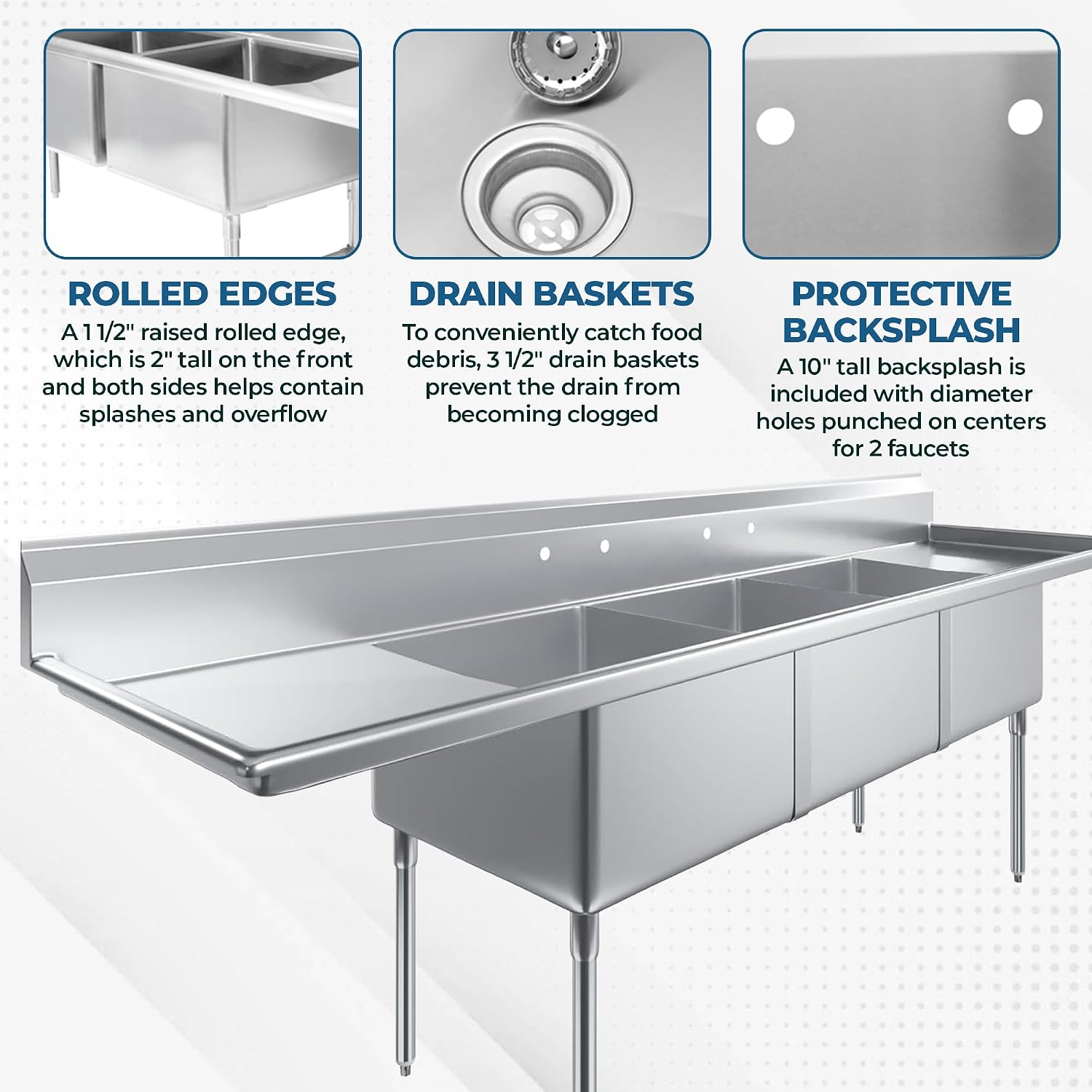 3 Compartment Stainless Steel Commercial Sink with Dual Drainboards | 24' x 24' x 14' Bowls | 120' Wide | NSF | Restaurant Prep & Utility Wash Station