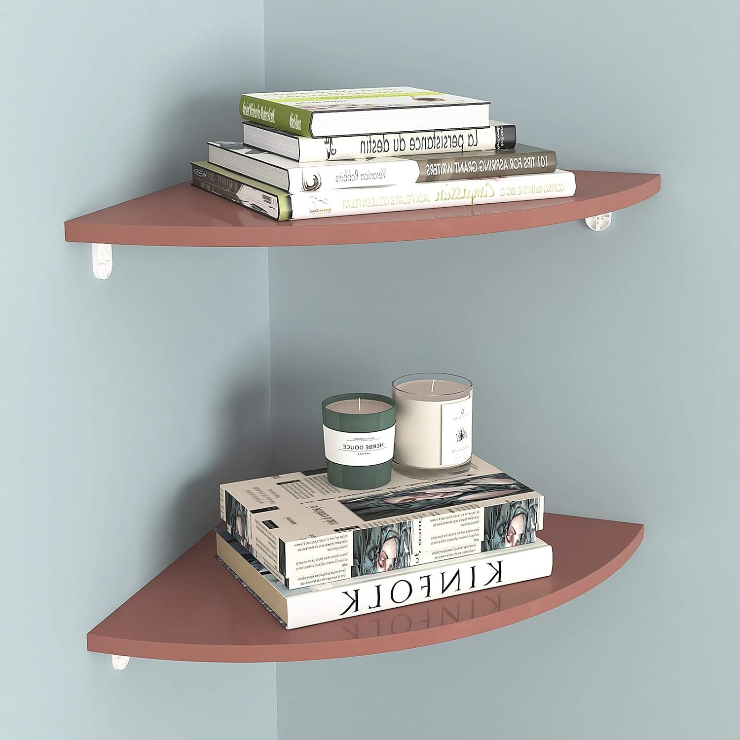 Small Corner Bookcase Set of 2 Corner Wall Shelves Bookshelves PVC Floating Corner Shelf Wall-Mounted Storage Rack for Bathroom Bedroom Living Room Kitchen Office and More Brown Bookshelf/Bookshe