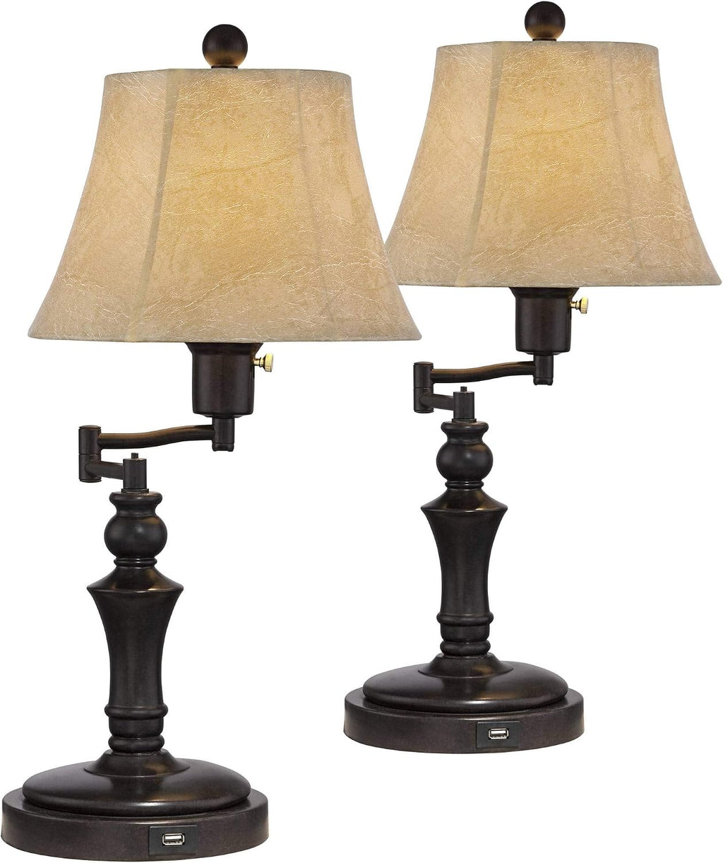 Regency Hill Corey Hill Traditional Rustic Natural Cottage Swing Arm Desk Table Lamps 21.75' High Set of 2 with USB Charging Port Bronze Metal Faux Leather Bell Shade for Living Room Bedroom