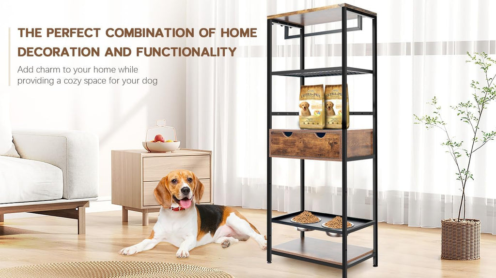 Dog Feeding Station Dog Feeder Station 3 Height Adjustable Raised Dog Bowls, Dog Storage Organizer with Shelves and 1 Drawer for Large Medium Dogs Cats, Black+Vintage