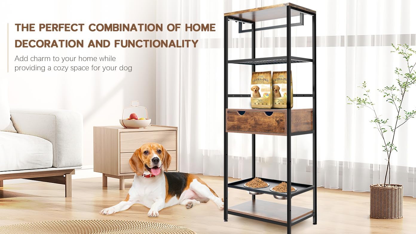Dog Feeding Station Dog Feeder Station 3 Height Adjustable Raised Dog Bowls, Dog Storage Organizer with Shelves and 1 Drawer for Large Medium Dogs Cats, Black+Vintage