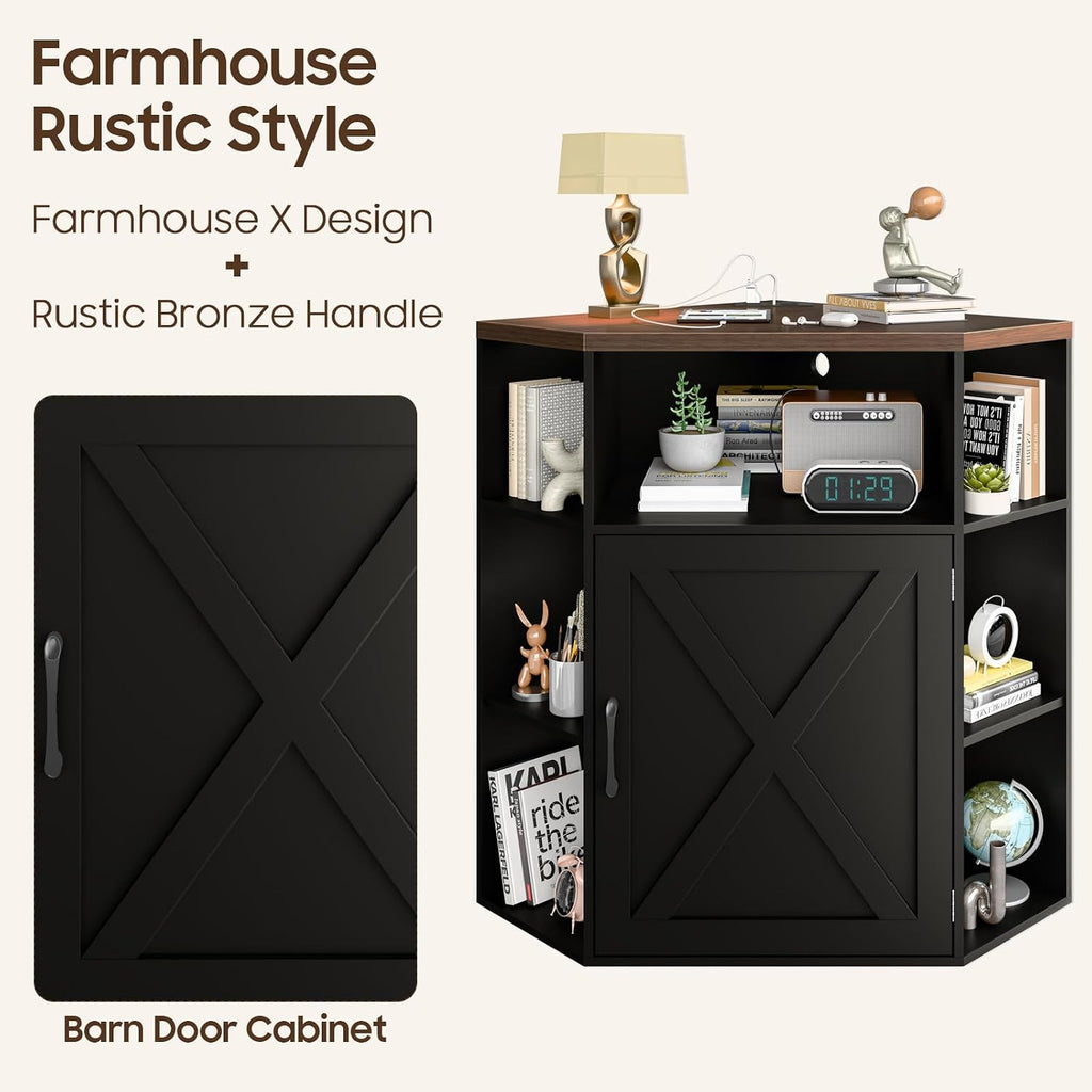 Halitaa Corner Storage Cabinet, Farmhouse Corner Bookshelf with Storage 6-Cubby Wooden Cabinet with USB Ports and Outlets Industrial Organizer for Small Space, Study, Playroom, Black and Brown