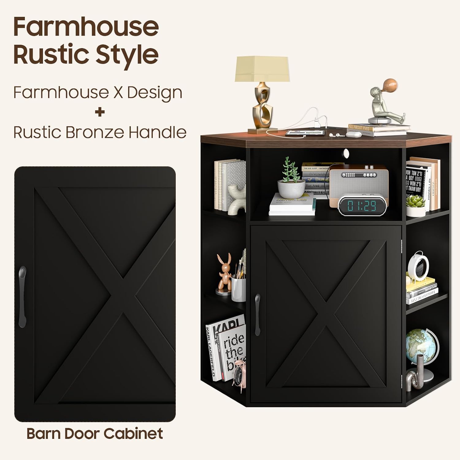 Halitaa Corner Storage Cabinet, Farmhouse Corner Bookshelf with Storage 6-Cubby Wooden Cabinet with USB Ports and Outlets Industrial Organizer for Small Space, Study, Playroom, Black and Brown