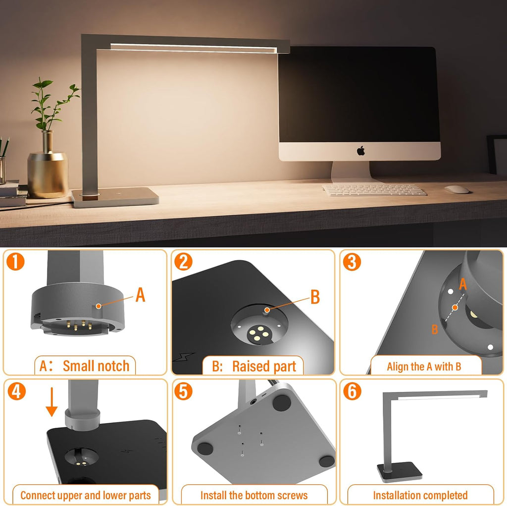 Aluminum LED Desk Lamp with Charging Station, 15W Table Lamp with Type-C Ports & 4 Color Temperature Modes(3000K-6000K), Dimmable Reading Light for Home Office,Bedroom (Includes Adapter)