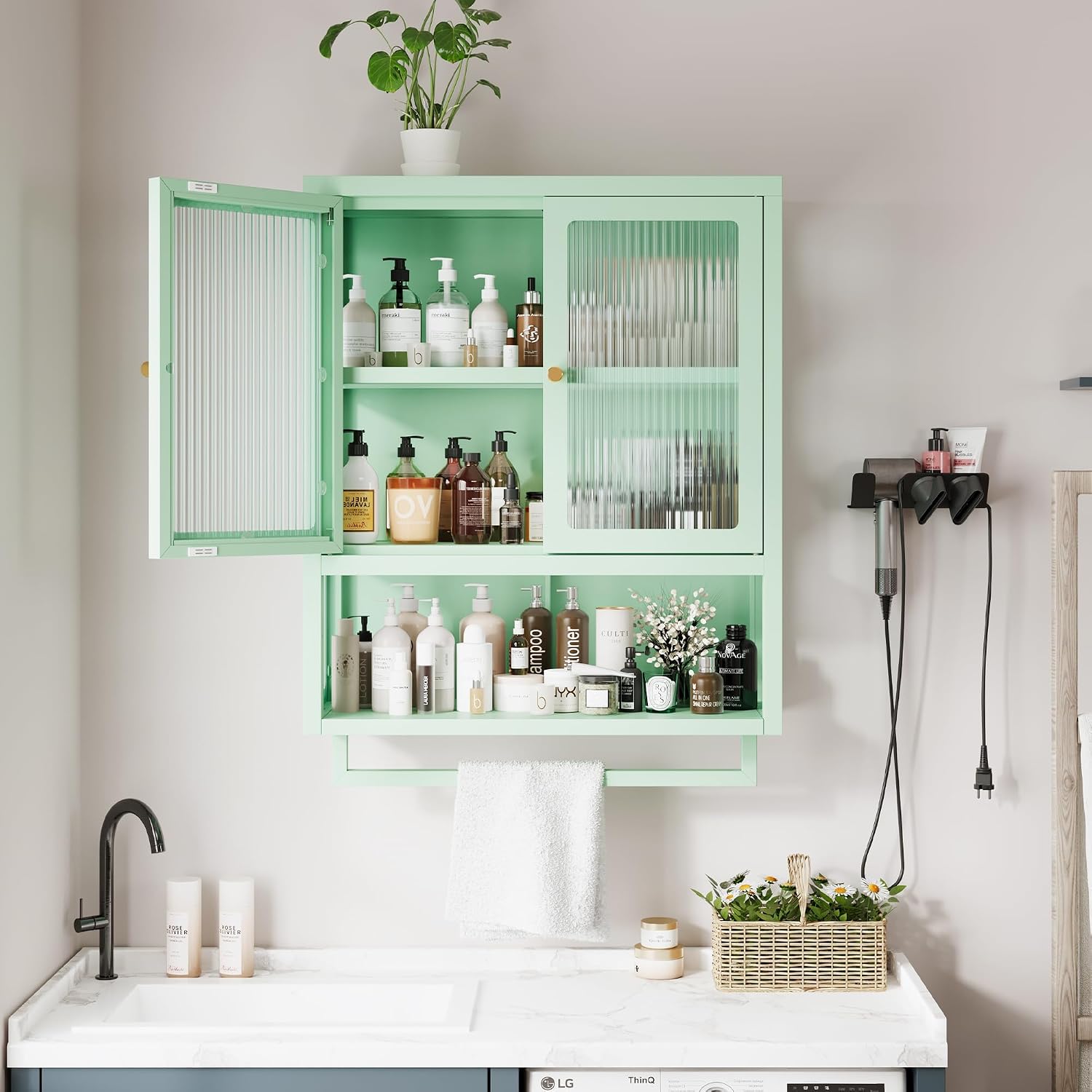 Bathroom Wall Cabinet with 2 Glass Door, Bathroom Medicine Cabinet with Towels Bar and Shelves, Over The Toilet Storage Cabinet, Metal Wall Mounted Cabinet for Laundry Room Kitchen (Green)
