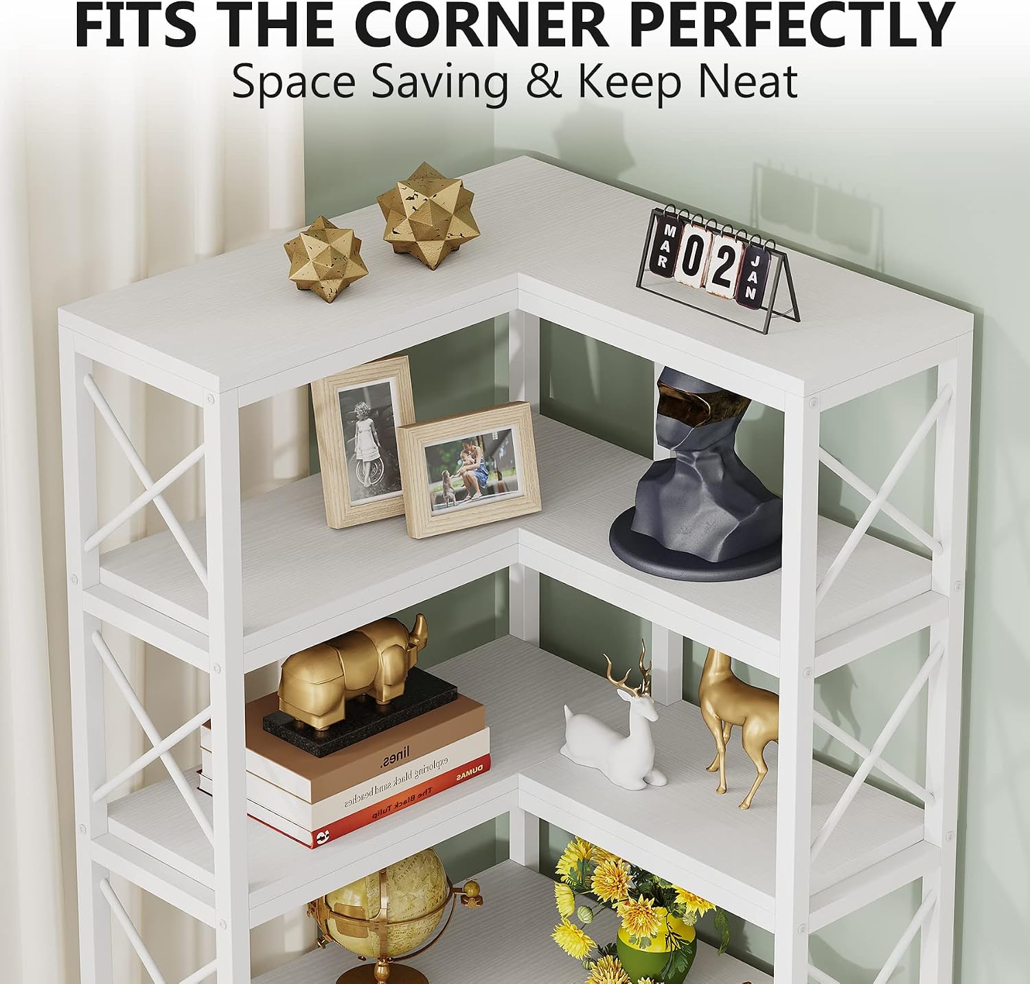 Tribesigns 7-Shelf Corner Bookshelf,Large Modern Corner Bookcase, 7-Tier Tall Corner Shelf Storage Display Rack with Metal Frame for Living Room Home Office (White)