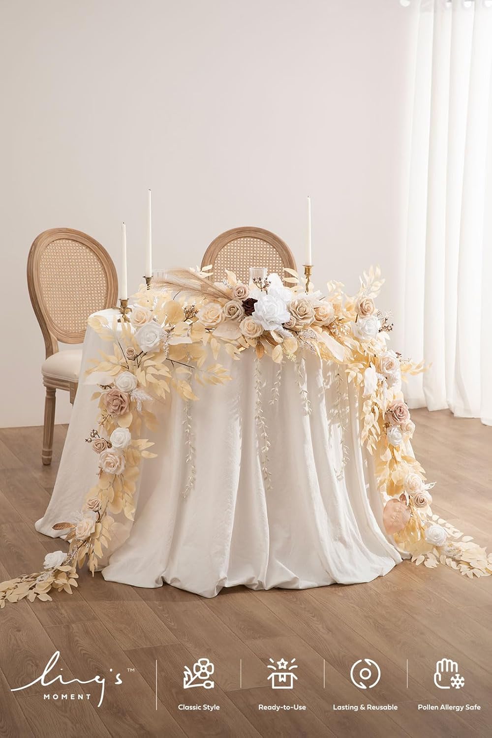 Ling's Moment 9FT Flower Garland for Backdrop Decorations - Wedding Arch Flowers, Eucalyptus & Rose, Artificial Floral Garland for Mantel - Sweetheart Table Decor for Ceremony Reception, White & Beige