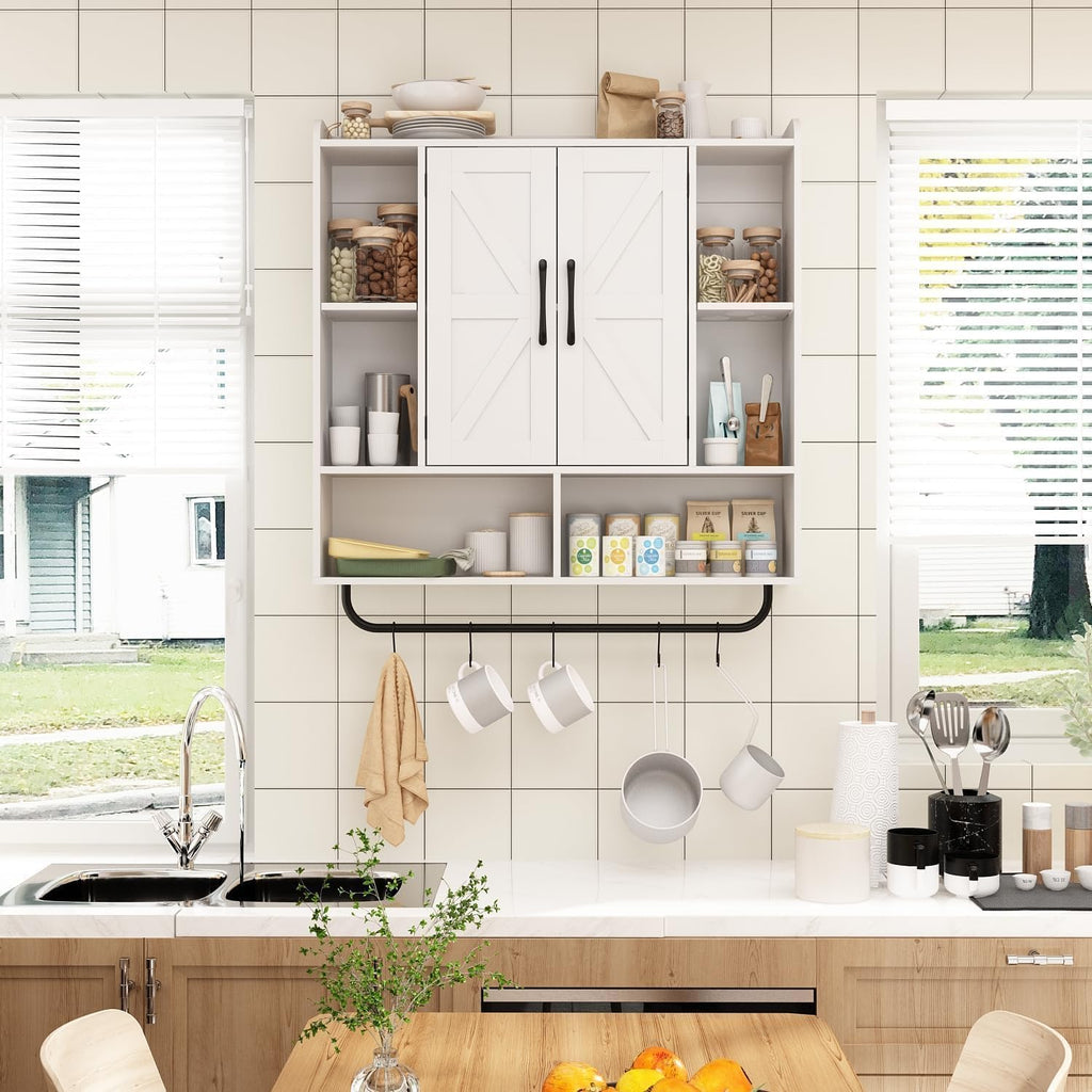 RUSTOWN Rustic Wood Wall Bathroom Cabinet, Farmhouse Medicine Cabinet Wall Mounted, Space Saving Wall Storage Cabinet with 2 Barn Door, 3-Tier Adjustable Shelves and Towel Bar (White)