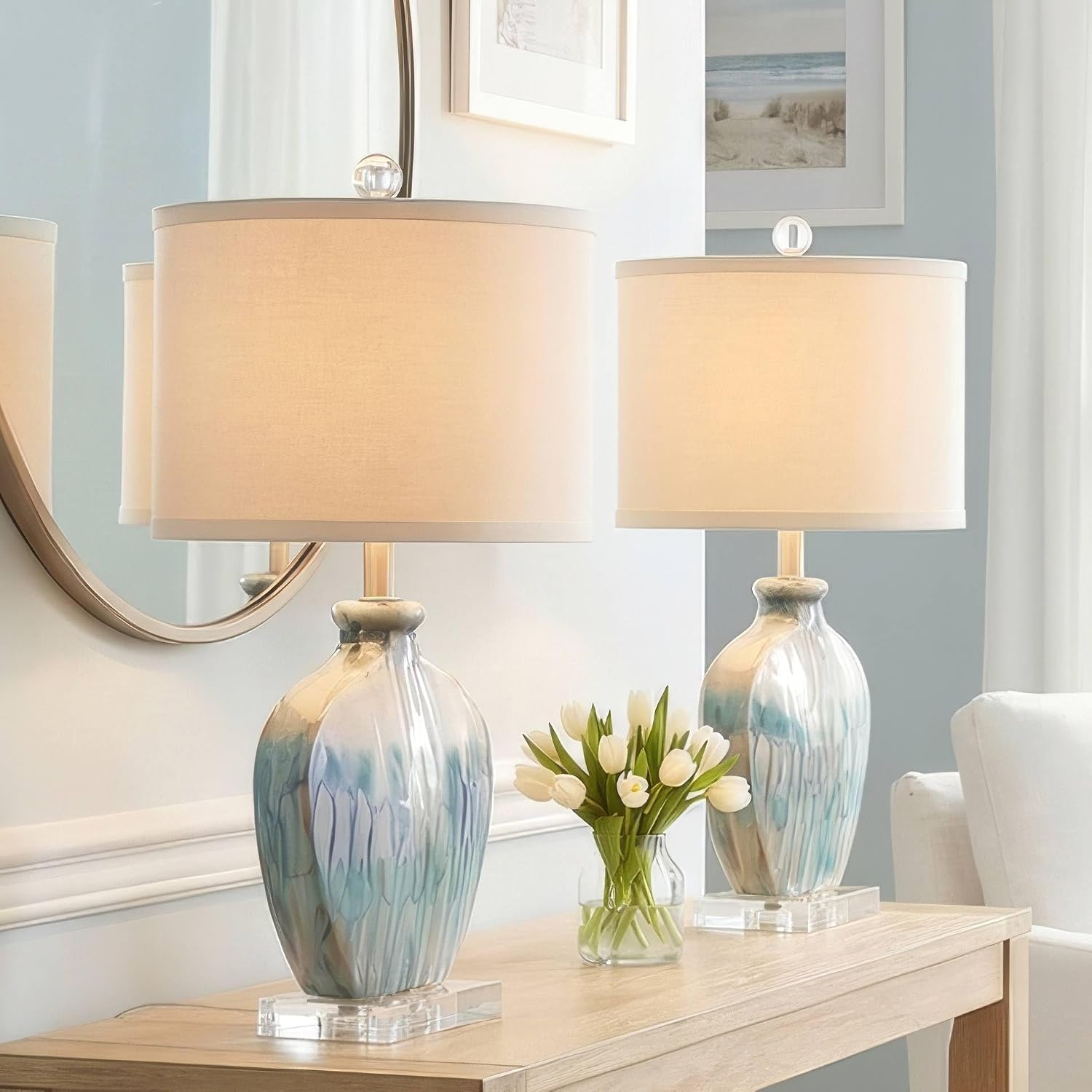 Possini Euro Design Mia Coastal Modern Style Table Lamps 25' High Set of 2 Ceramic Blue Drip Off White Shade Decor for Living Room Bedroom Beach House Bedside Nightstand (Colors May Vary)