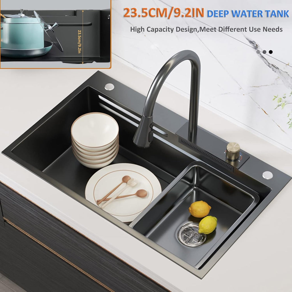 304 Stainless Steel Kitchen Waterfall Sink Multi-function Single Bowl Bar Sink Rv Sink With Faucet And Drainage Components Drop In Or Under Mount ( Color : Black , Size : 75x46x23.5cm ) (Black 75