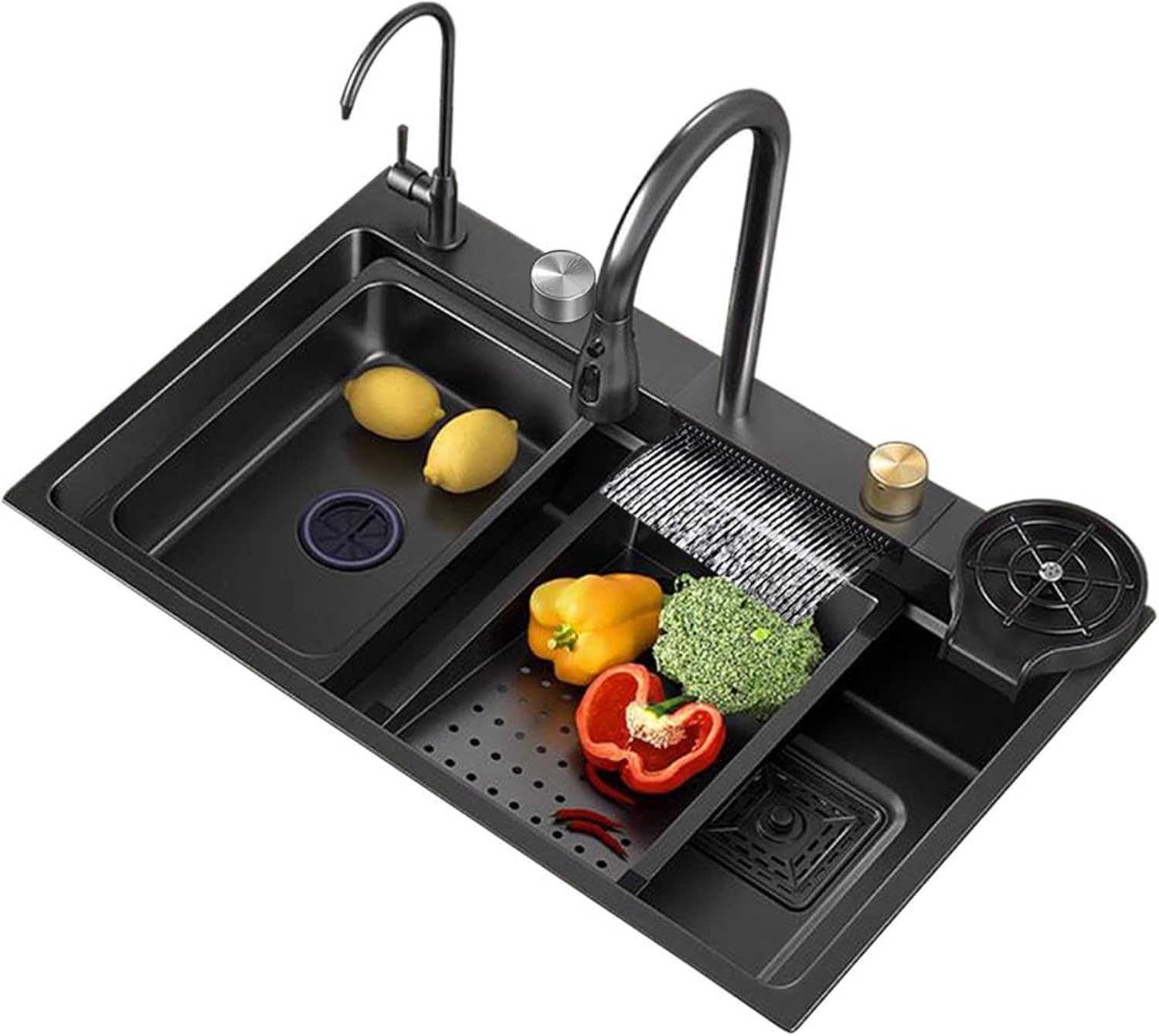 JATIBOSH Stainless Steel Kitchen Sink Single Bowl Sink with Drain Tray Drop in Undermount Handmade Rectangle Workstation Sink with Cutting Board (Color : BK, Size : 68x45CM)