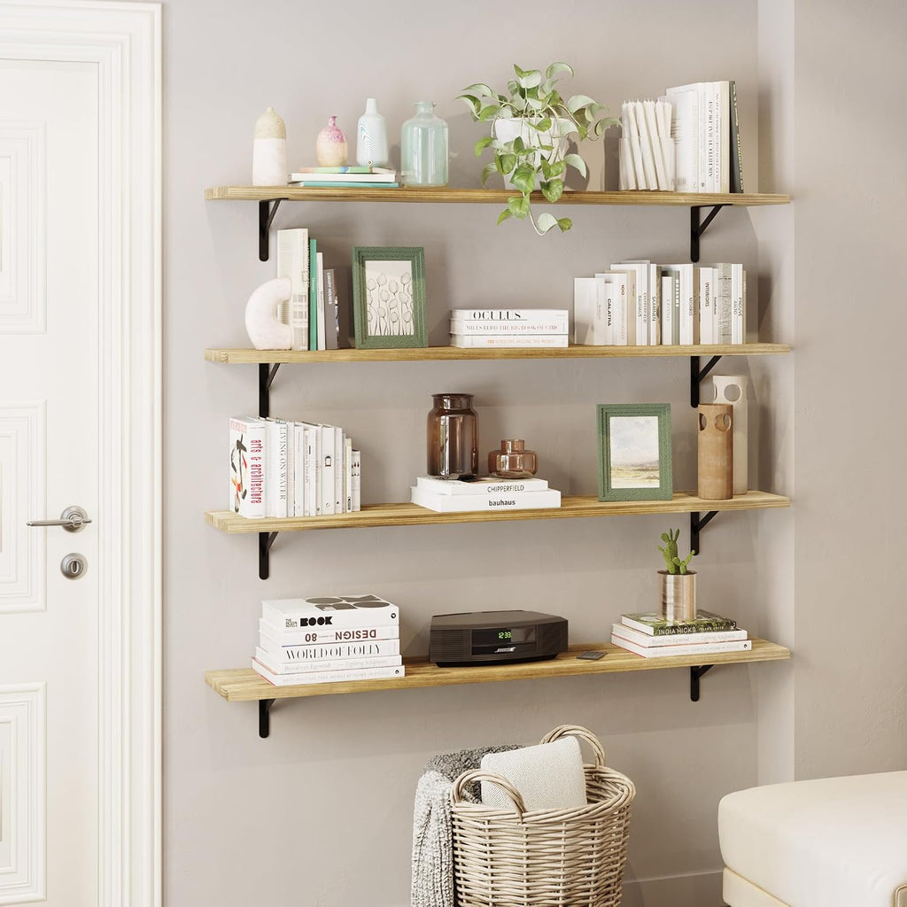 Wallniture Forme 60' x 10' Floating Shelves for Wall Decor, Rustic Wall Bookshelf, Shelves for Living Room, Office, Kitchen, Pantry Room, Floating Shelf, Set of 2, Burnt Finish, Wood