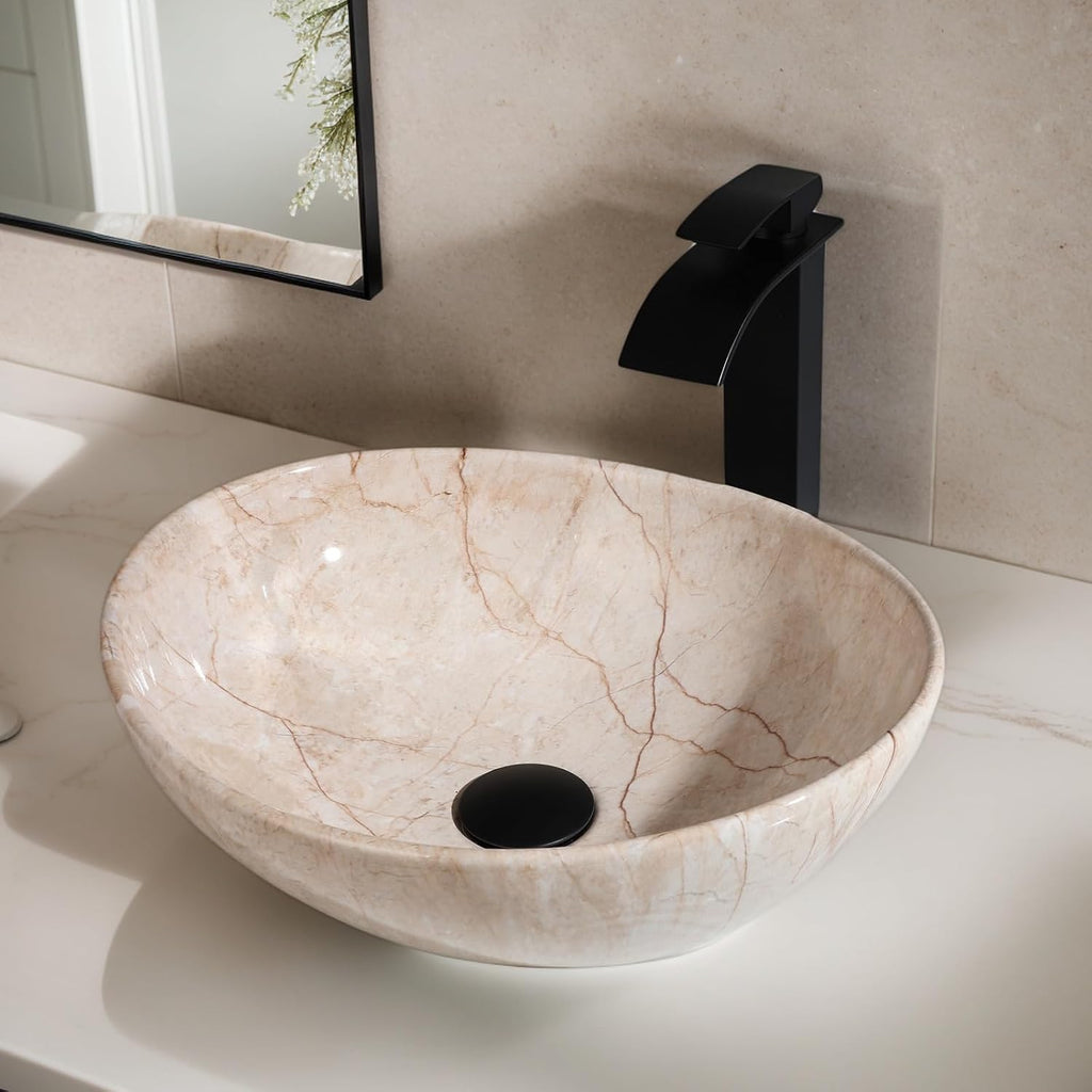 Oval Marbling Vessel Sink with Waterfall Faucet and Pop-up Drain Ceramic Bathroom Sink Above Counter Bowl Sinks for Bathrooms