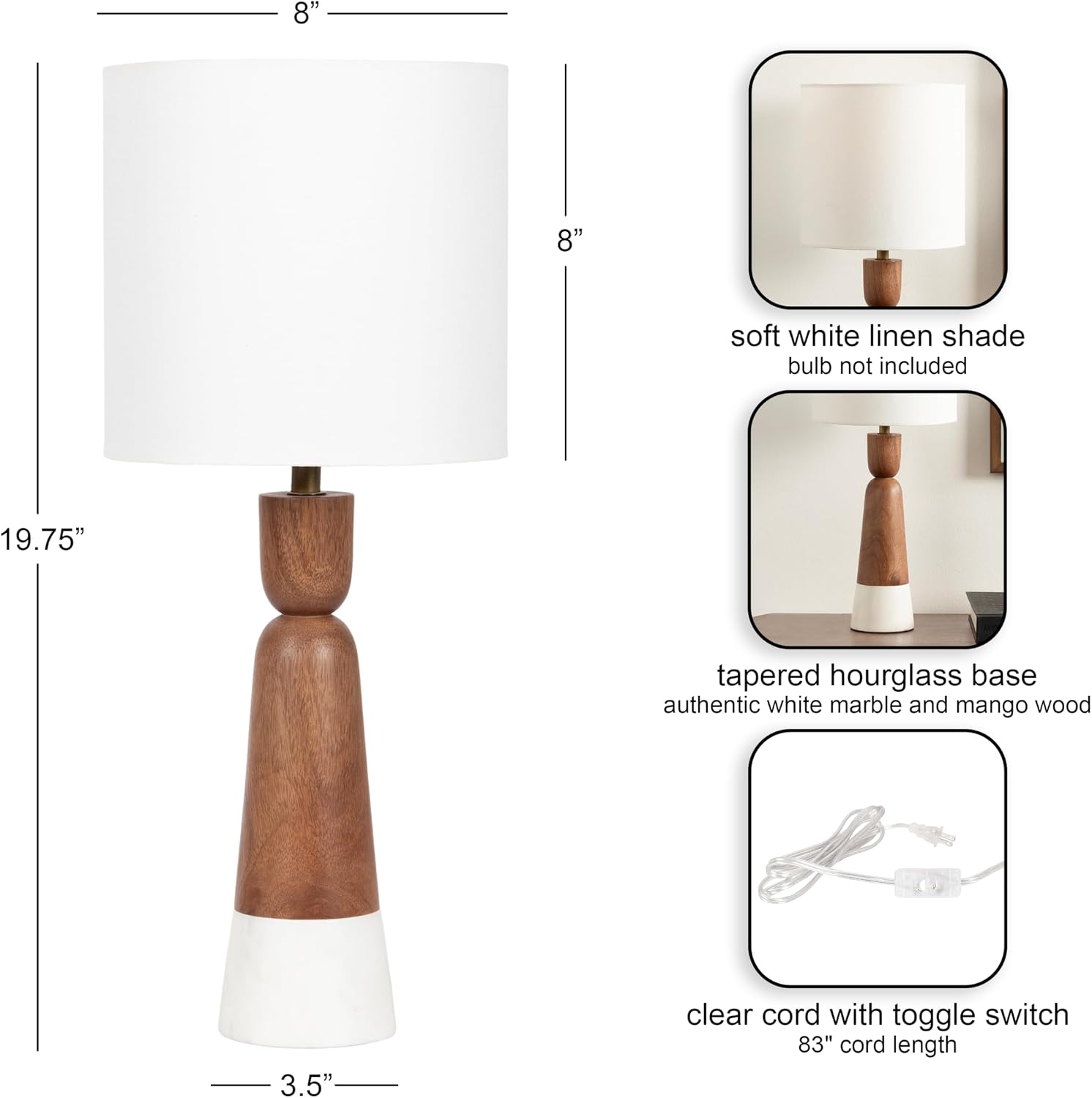 Kate and Laurel Deori Modern Mango Wood and Marble Bedside Table Lamp, 8 x 8 x 20, Walnut Brown and White Marble, Decorative Tapered Hourglass Tabletop Desk Lamp with Linen Shade for Living Room Decor