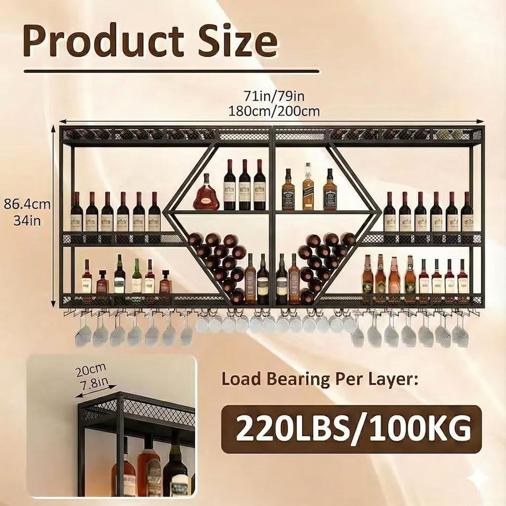 71in Wall Mounted Liquor Shelves with LED Lights, Industrial Metal Wall Bar Rack with Wine Glass Holder, Large Bottle Display Shelf for Home Kitchen (Black)