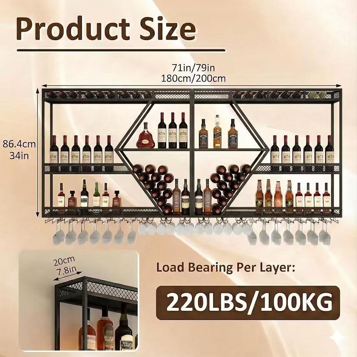 71in Wall Mounted Liquor Shelves with LED Lights, Industrial Metal Wall Bar Rack with Wine Glass Holder, Large Bottle Display Shelf for Home Kitchen (Black)