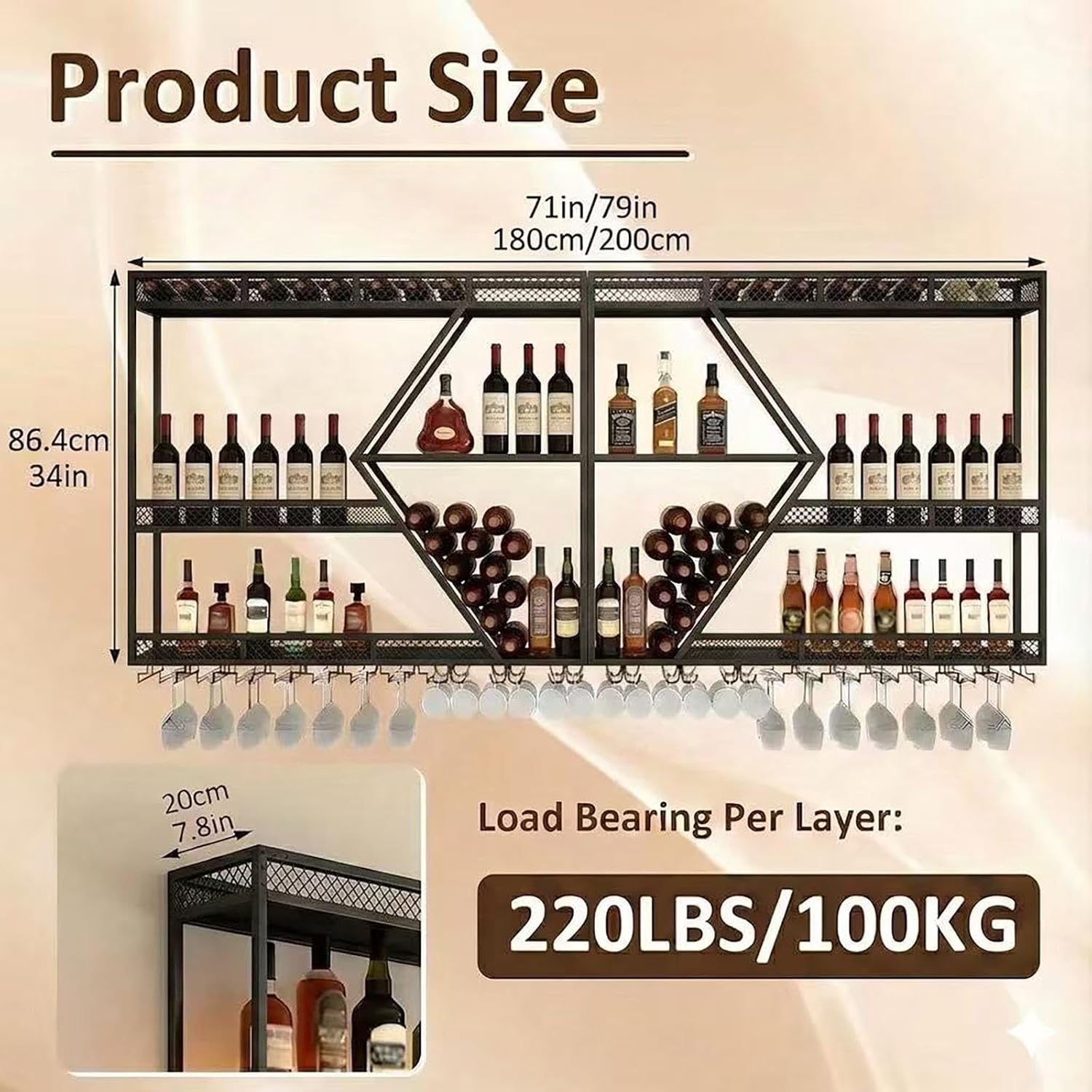 79in Wall Mounted Liquor Shelves with LED Lights, Industrial Metal Wall Bar Rack with Wine Glass Holder, Large Bottle Display Shelf for Home Kitchen (Black)