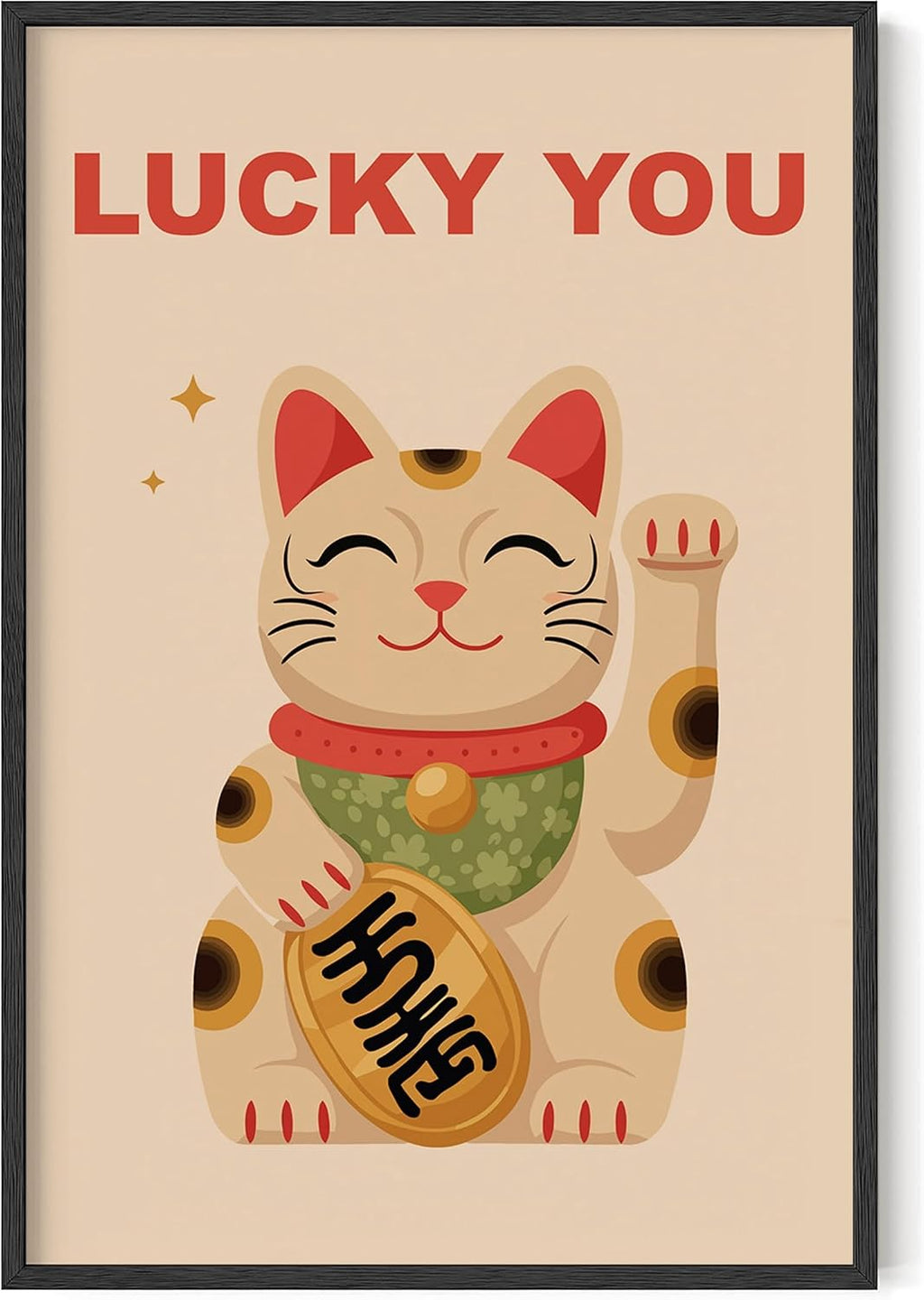 Japanese Maneki-neko Lucky Cat Wall Art Lucky You Retro Illustration 24x36 Inch Oak Wood Black Framed Traditional Charm Print for Living Room Entryway Bedroom Decor