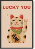 Japanese Maneki-neko Lucky Cat Wall Art Lucky You Retro Illustration 24x36 Inch Oak Wood Black Framed Traditional Charm Print for Living Room Entryway Bedroom Decor