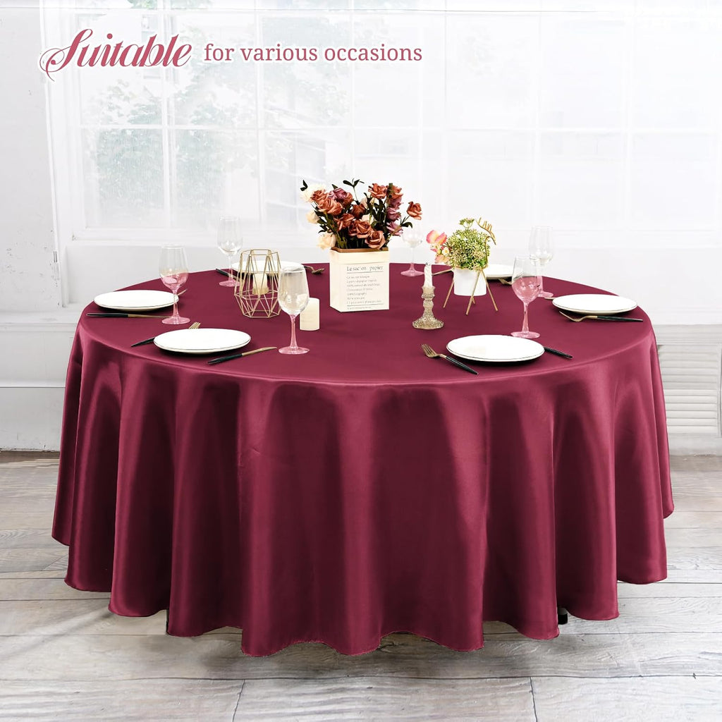 12 Pack 120 Inch Round Tablecloth, Burgundy Satin Fabric Table Cloth for Round Tables, Wrinkle Resistant Washable TableCover Bright Silk Table Clothes for Wedding Party Dining Tables Banquet
