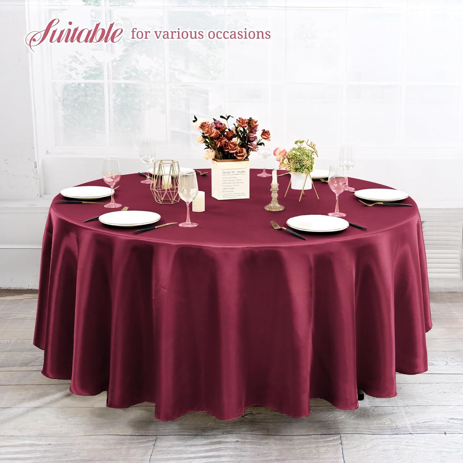 12 Pack 120 Inch Round Tablecloth, Burgundy Satin Fabric Table Cloth for Round Tables, Wrinkle Resistant Washable TableCover Bright Silk Table Clothes for Wedding Party Dining Tables Banquet