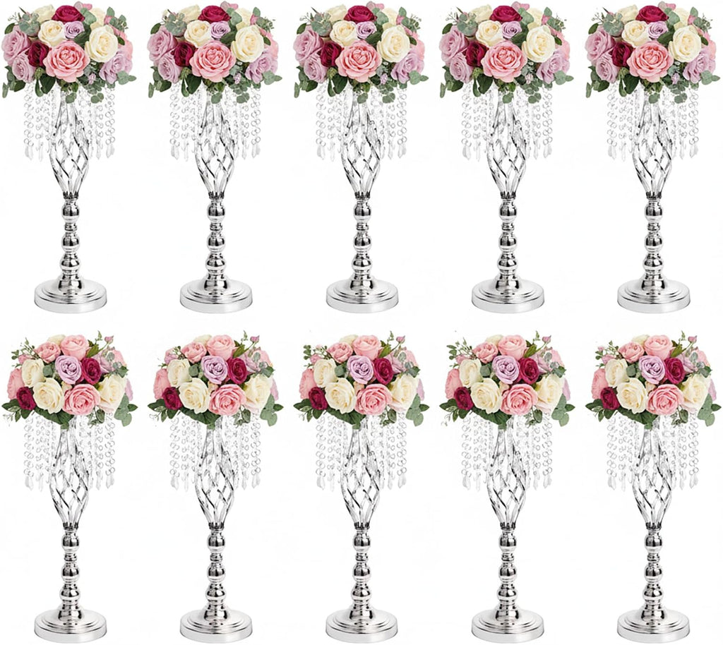 Metal Flower Stands with Crystal Beads - Wedding Centerpieces for Table Decorations, Elegant Metal Flower Arrangement Stands, Flower Vases for Wedding Party Celebration Home Decor (Silver-10pcs)