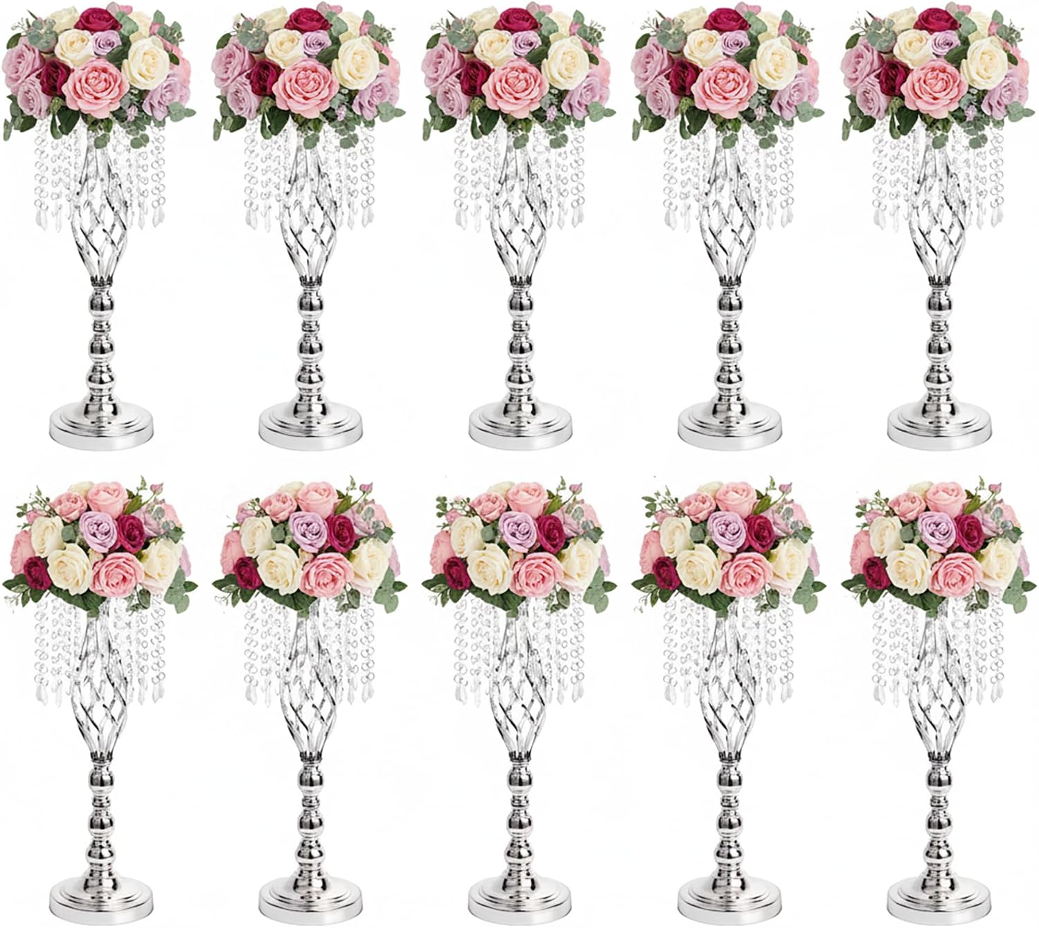 Metal Flower Stands with Crystal Beads - Wedding Centerpieces for Table Decorations, Elegant Metal Flower Arrangement Stands, Flower Vases for Wedding Party Celebration Home Decor (Silver-10pcs)