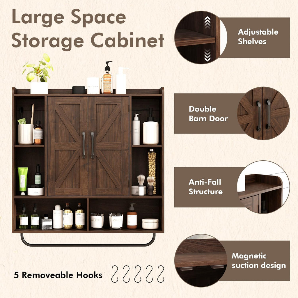 RUSTOWN Rustic Wood Wall Bathroom Cabinet, Farmhouse Medicine Cabinet Wall Mounted, Space Saving Wall Storage Cabinet with 2 Barn Door, 3-Tier Adjustable Shelves and Towel Bar(Dark Walnut)