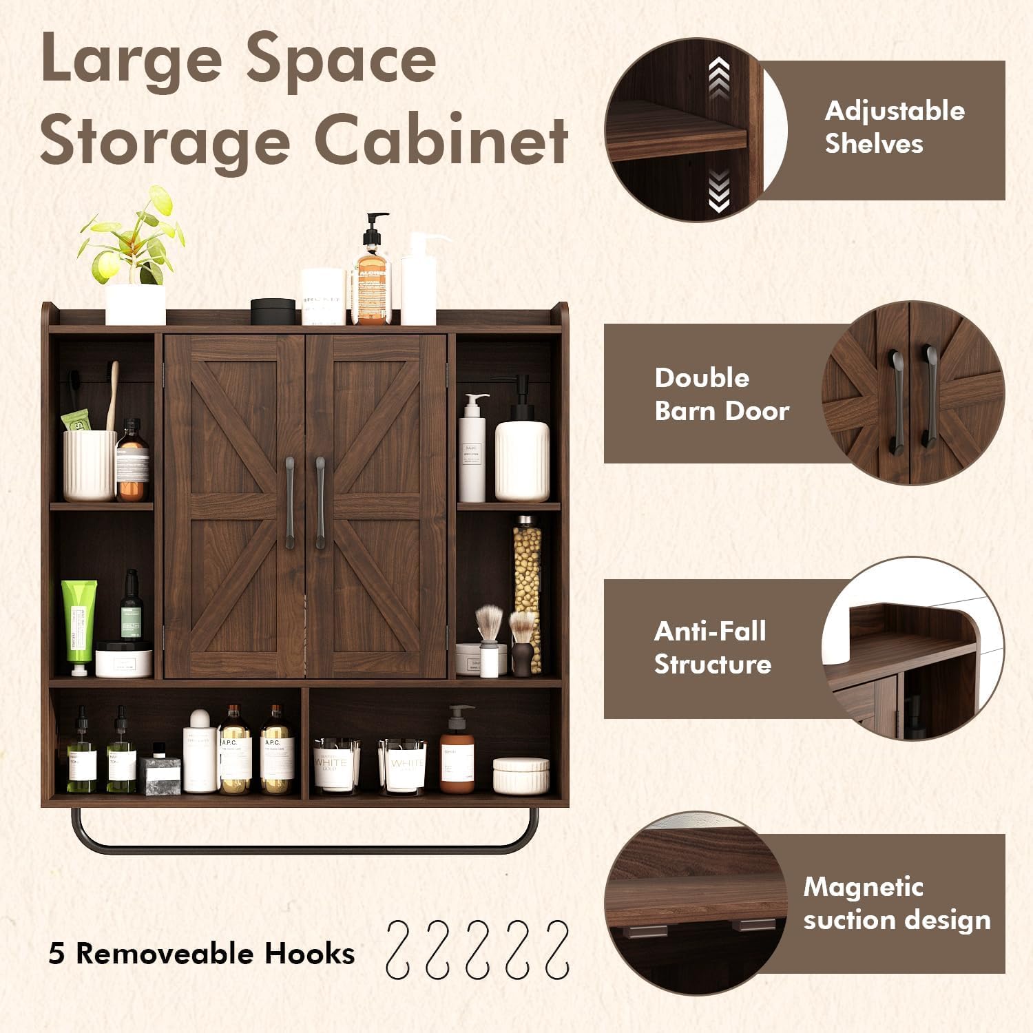 RUSTOWN Rustic Wood Wall Bathroom Cabinet, Farmhouse Medicine Cabinet Wall Mounted, Space Saving Wall Storage Cabinet with 2 Barn Door, 3-Tier Adjustable Shelves and Towel Bar(Dark Walnut)