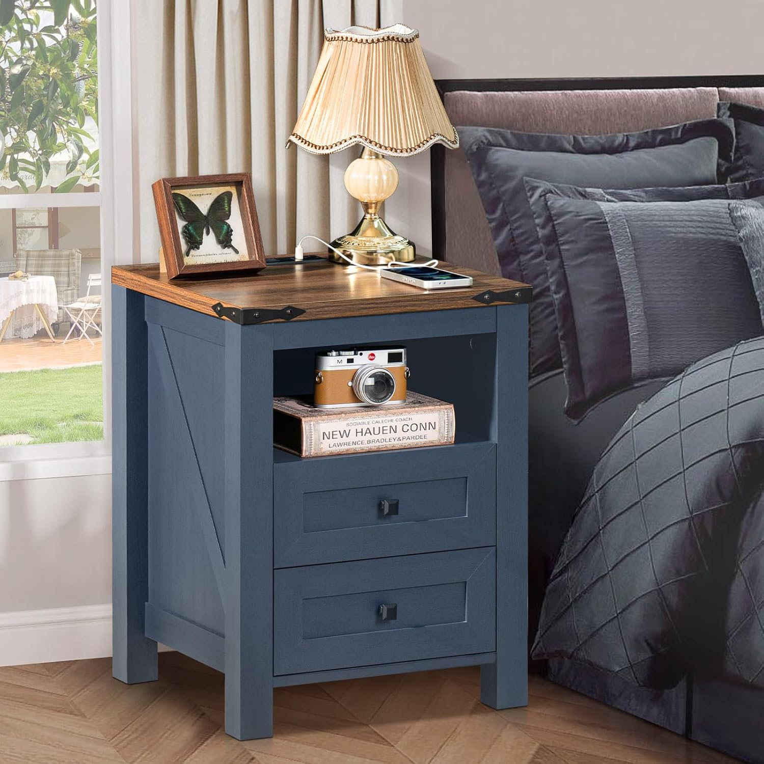 Joaxswe Nightstand with Charging Station, Farmhouse Night Stand with 2 Drawers and Shelf Storage, Blue Wooden Side End Table, Bedside Cabinet for Bedroom, Living Room, Closet,Office