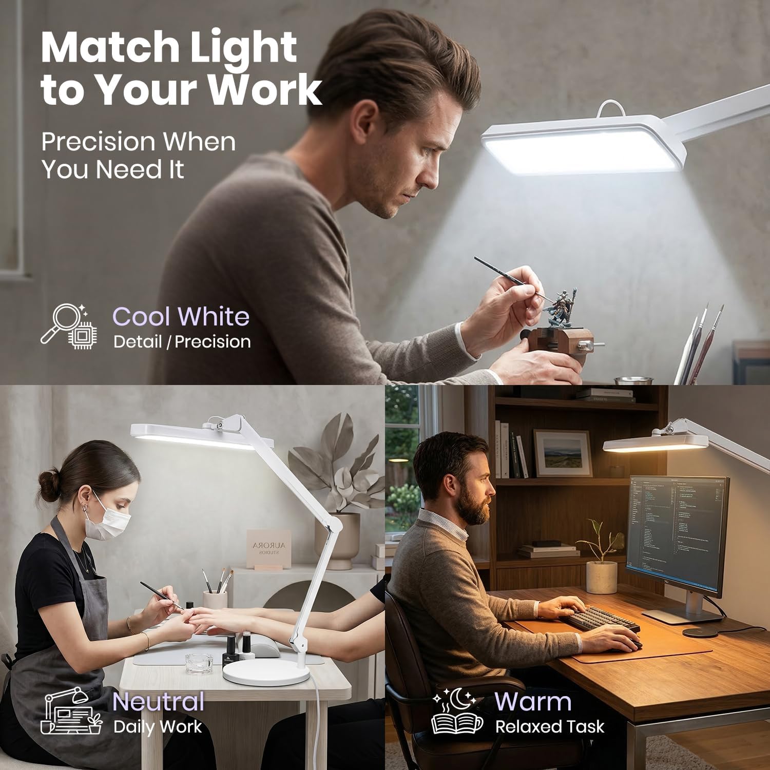 Neatfi XL 2,500 Lumens 30W LED Task Lamp with Base | 324 SMD LEDs | CCT | 5 Light Modes | 3000K–6000K | Dimmable | Adjustable Arm with Clamp | Desk Light for Home (White-2, 22-Inch Wide Shade)
