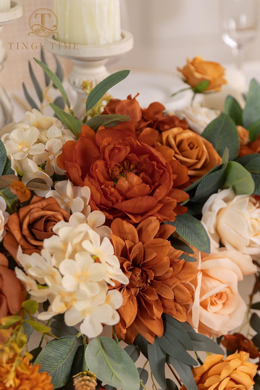 TINGE TIME Artificial Sweetheart Flower Swag with Tablecloth and Table Runner, Pack of 3 Floral Arrangement for Autumn Wedding Sweetheart Table Centerpiece Fall Decoration (Terracotta)
