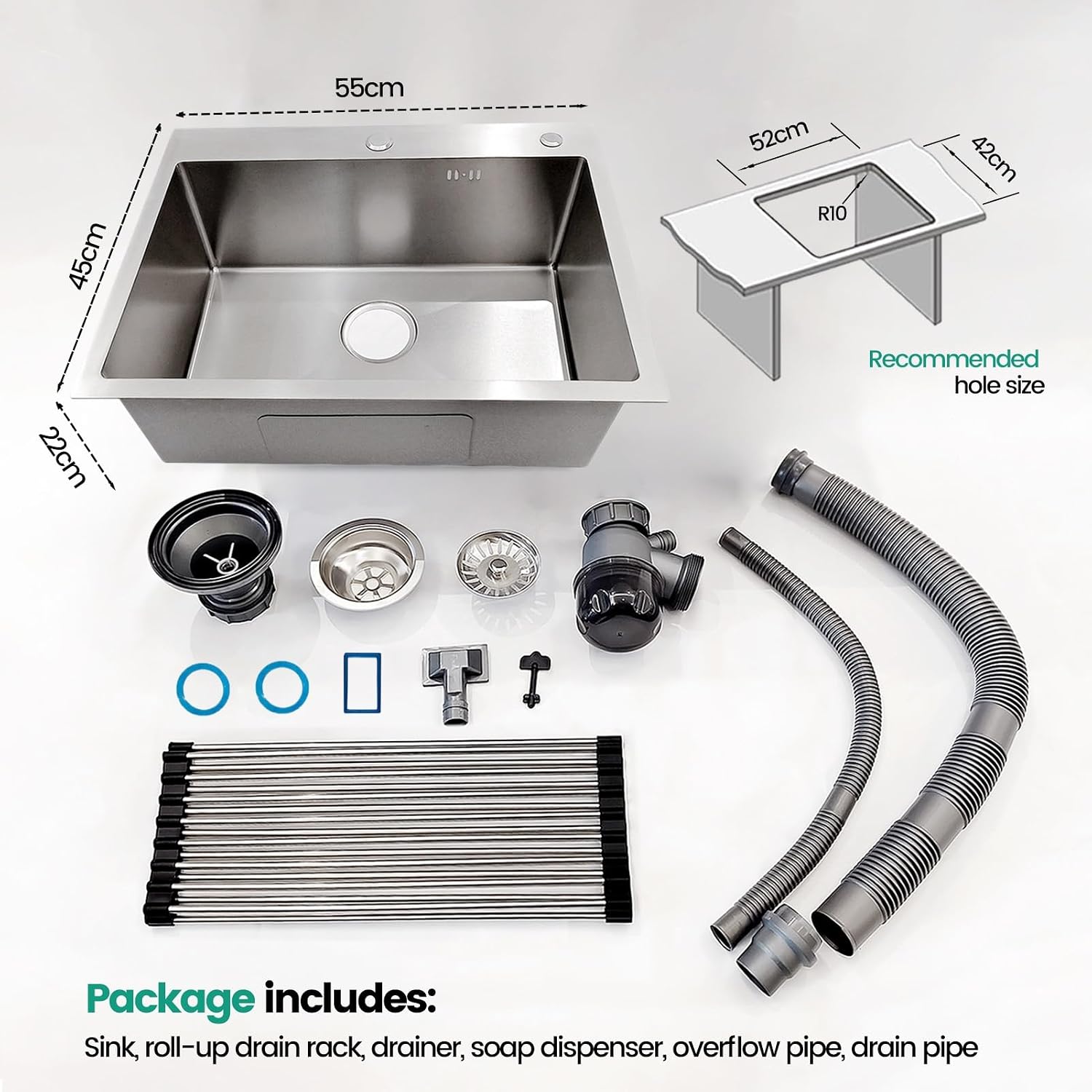Stainless Steel Kitchen Sink, Small Single Bowl Sink, Topmount Compact Bar/Utility Sink With Tap Hole, Overflow & Drainer Kit, For Bar, Pub, RV, Campervan, Basement, Outdoor Use(Silver,55x45cm)