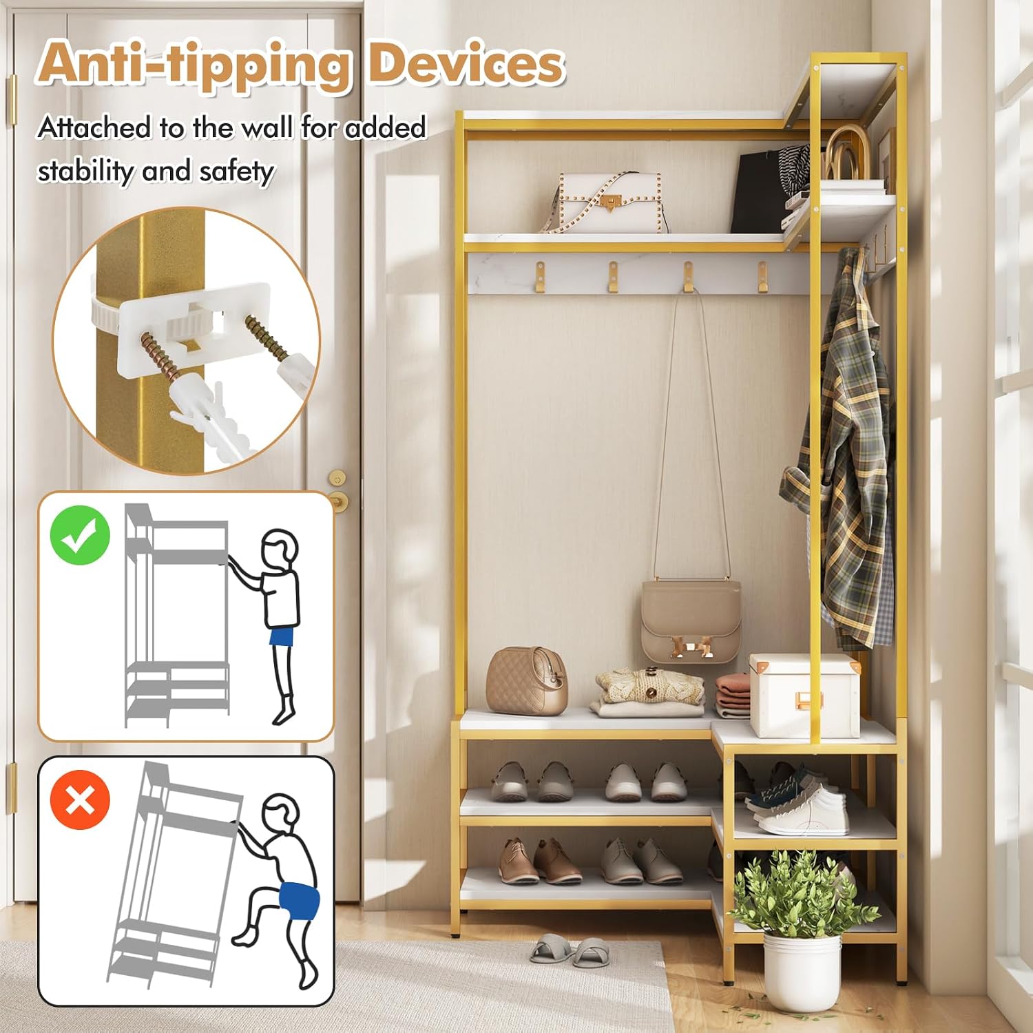 Tangkula Corner Hall Tree, 70 Inch Coat Rack with Bench and Shoe Storage, Entryway Furniture with 7 Hooks, Heavy Duty Metal Frame, Space Saving Clothes Rack Shoes Shelf Organizer (White)