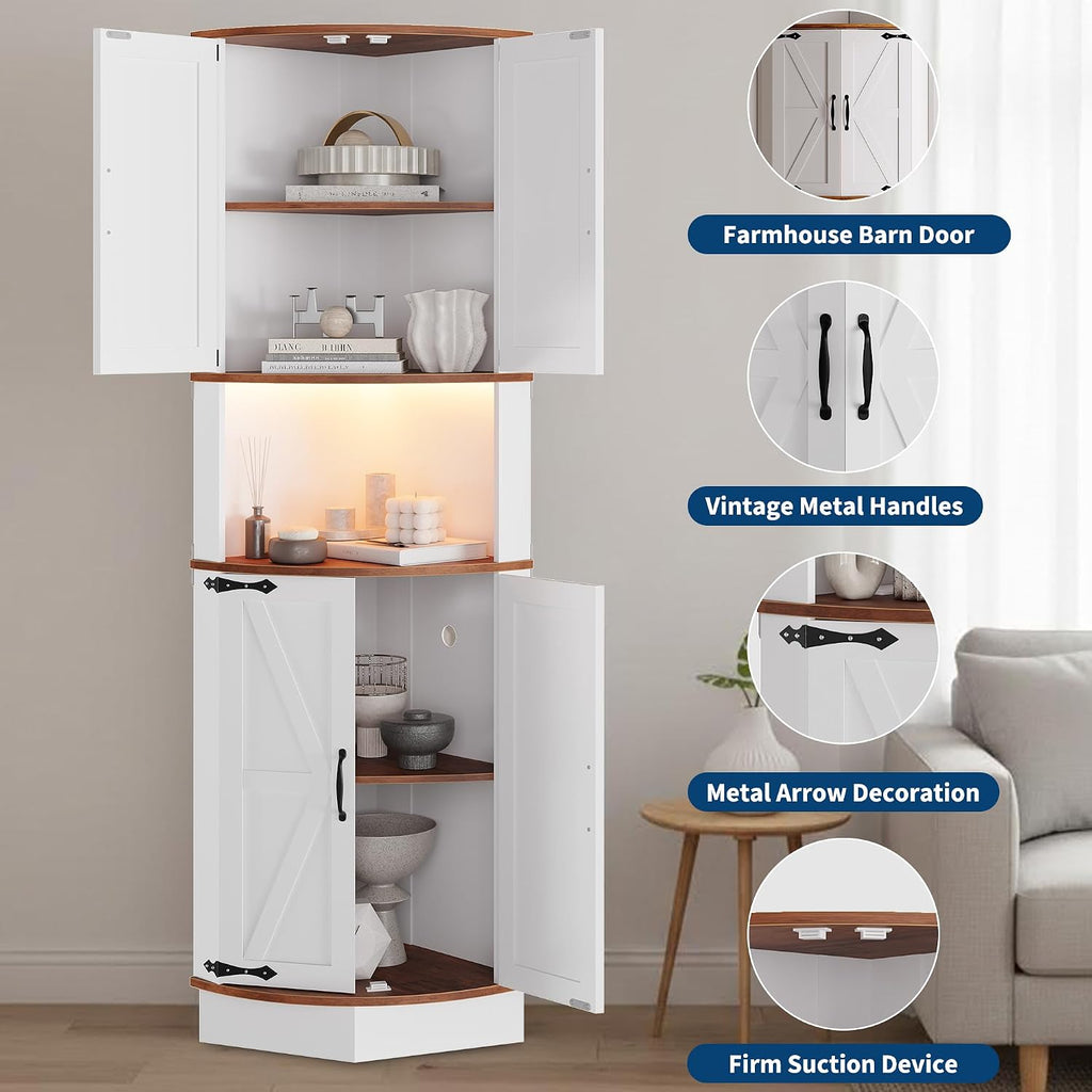 GarveeLife 64.6' Farmhouse Corner Bar Cabinet with LED Lights, Tall Freestanding Storage Liquor Cabinet with 4 Barn Doors, 5-Tier Shelves, USB Ports & Outlets, Corner Cabinet for Living Room, Kitchen