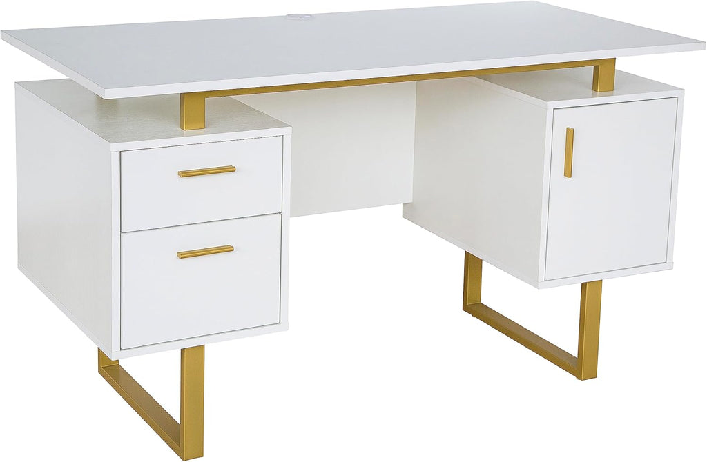 Techni Mobili Storage Drawers and Cabinet 51.25' W-Modern Office Large Floating Desktop Surface Desk, 23.6' D x 51.2' W x 29.8' H, White/Gold